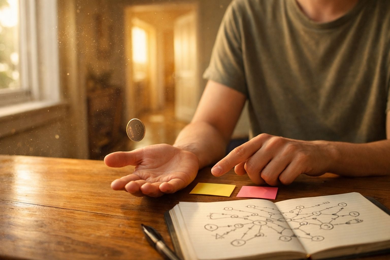 Pessoa a lançar uma moeda sobre a mão com caderno aberto cheio de diagramas numa mesa de madeira.