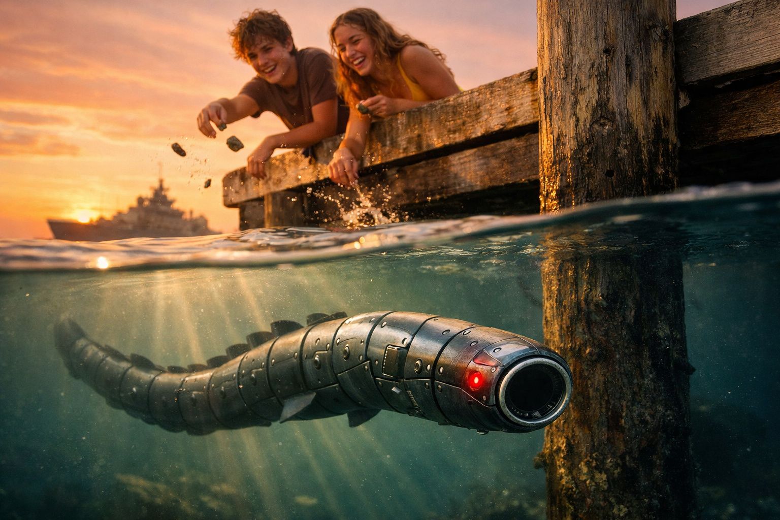 Dois jovens num cais lançam pedras para uma serpente robótica subaquática com luz vermelha nos olhos.