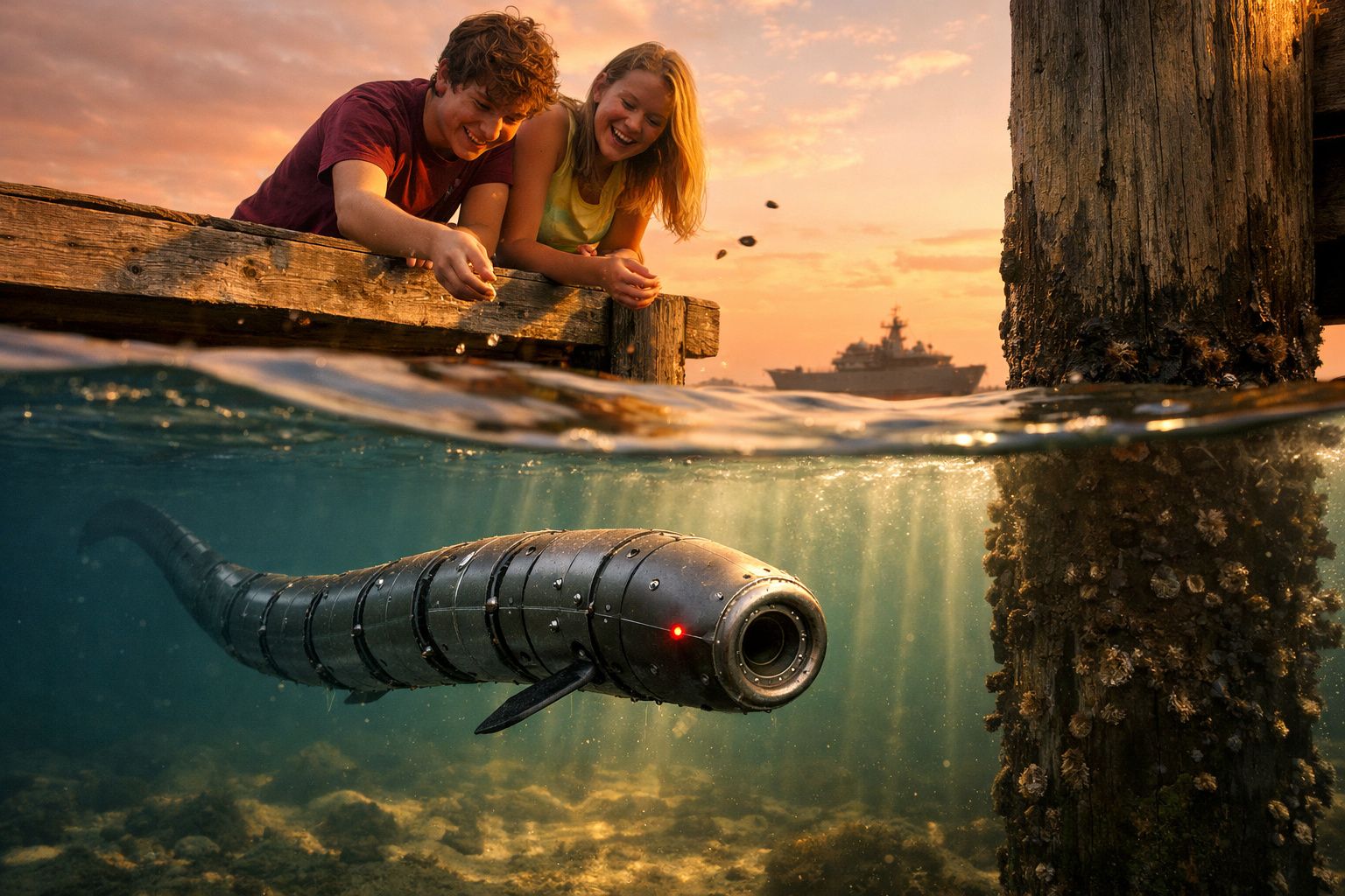 Duas pessoas observam e alimentam um robô subaquático em forma de serpente perto de um cais ao pôr do sol.