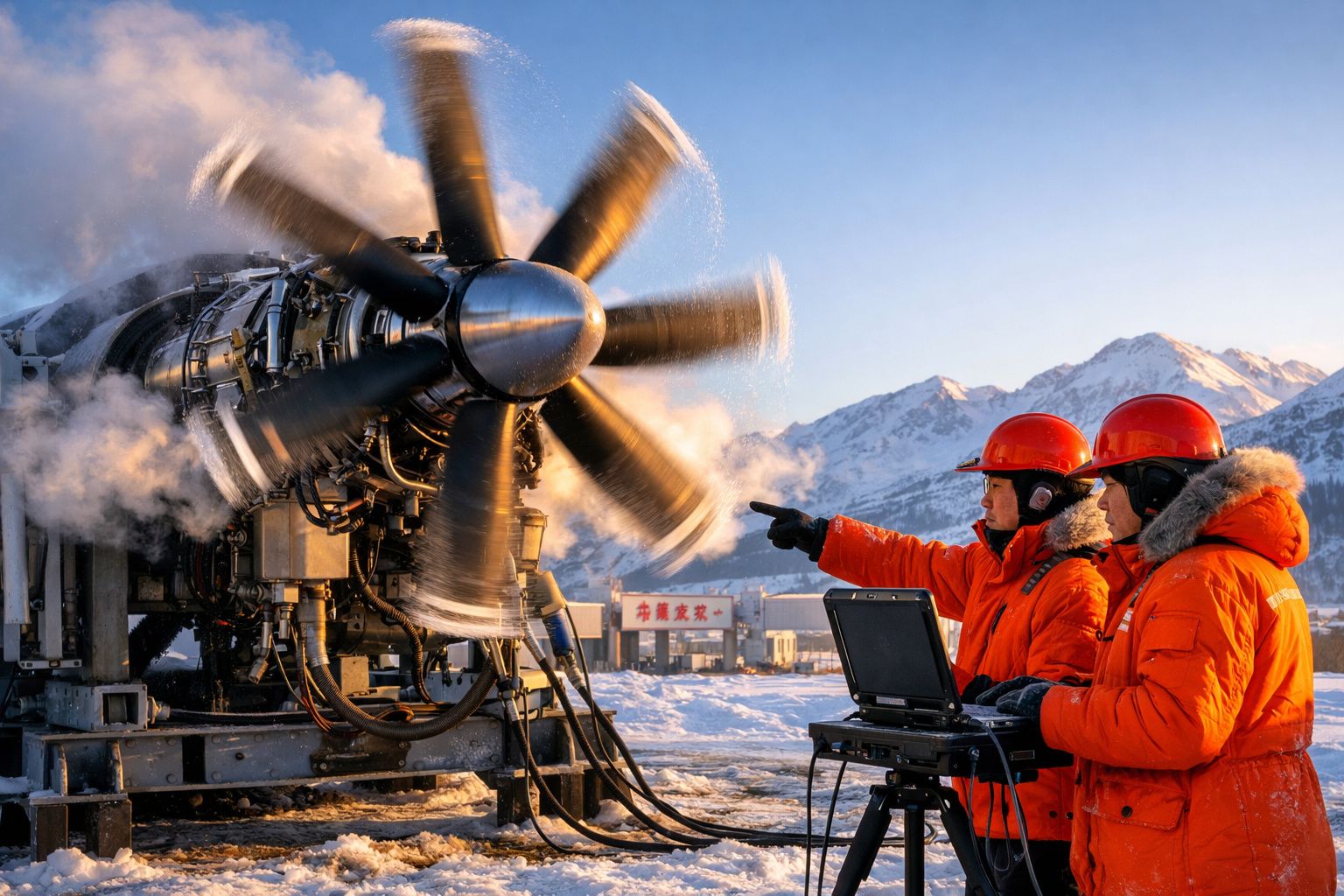 Dois técnicos com roupa de frio e capacete a inspecionar turbina industrial a funcionar em ambiente montanhoso nevado.