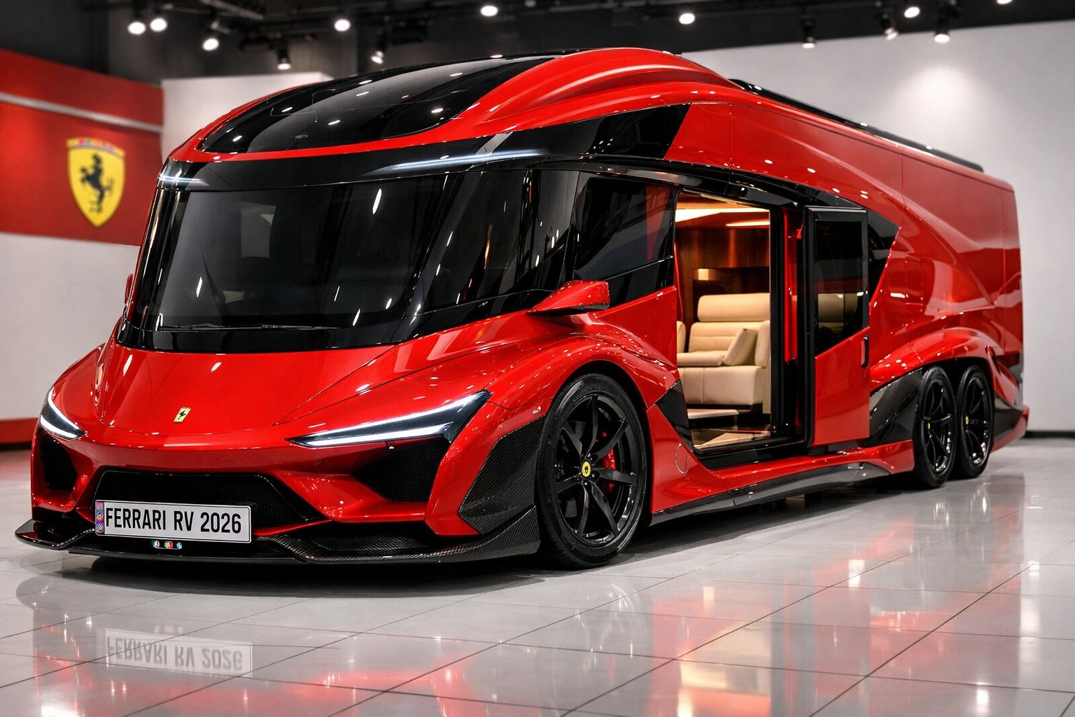Autocaravana Ferrari vermelha futurista com interior luxuoso visível e portas laterais abertas em espaço interior.