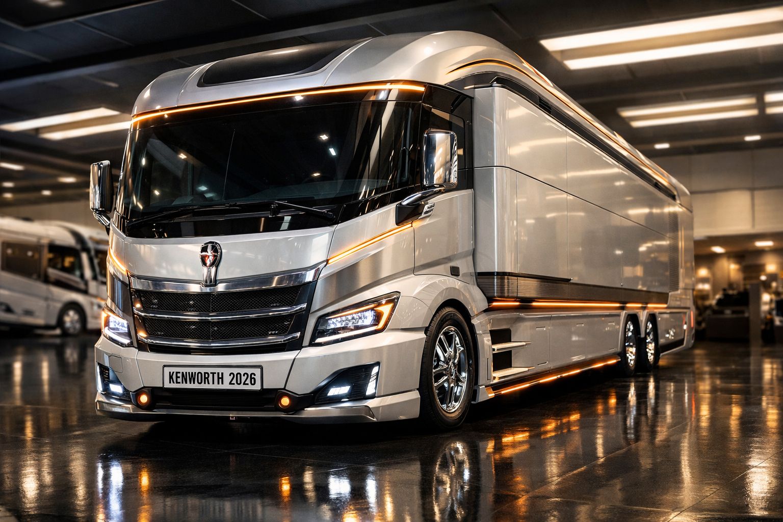 Camião Kenworth 2026 moderno branco com luzes LED decorativas estacionado em ambiente interno iluminado.