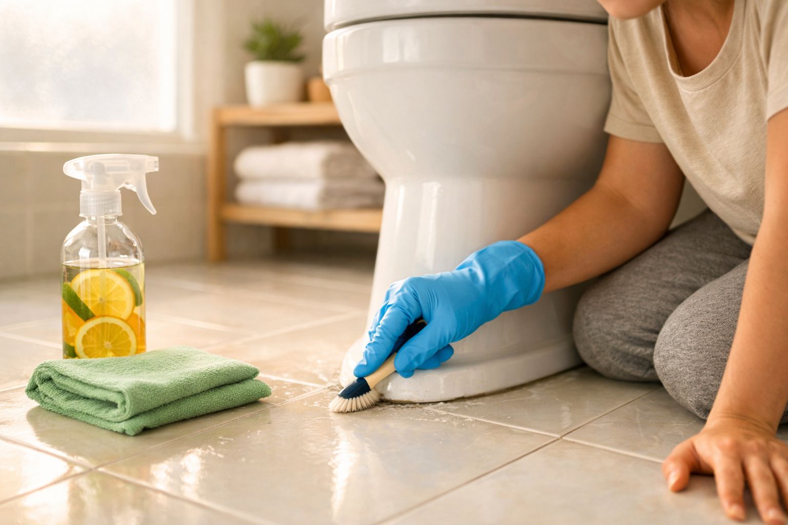 Pessoa com luva azul a limpar azulejos do chão da casa de banho junto à sanita com escova pequena e spray de limpeza.