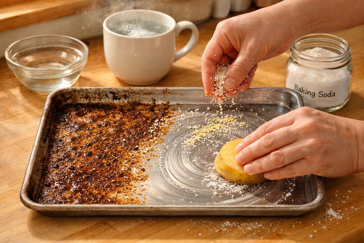 Mãos a esfregar bicarbonato num tabuleiro com nódoas queimadas para limpeza.