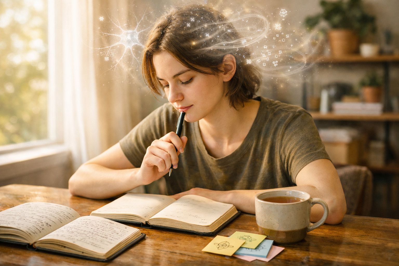 Jovem pensativa a escrever num caderno com chá, rodeada por luz e estrelas brilhantes na cabeça.
