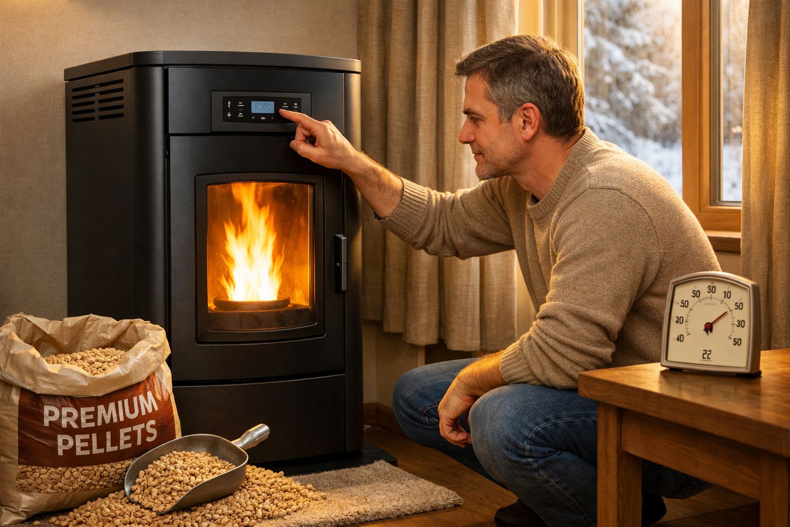 Homem a ajustar uma estufa a pellets acesa numa sala acolhedora com saco de pellets ao lado.