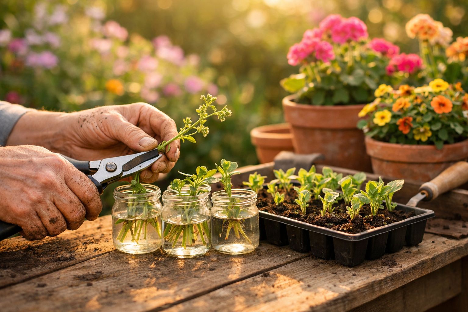 Mãos de pessoa a cortar ramos para enraizar em frascos com água, ao lado de plantas em vaso e substrato.