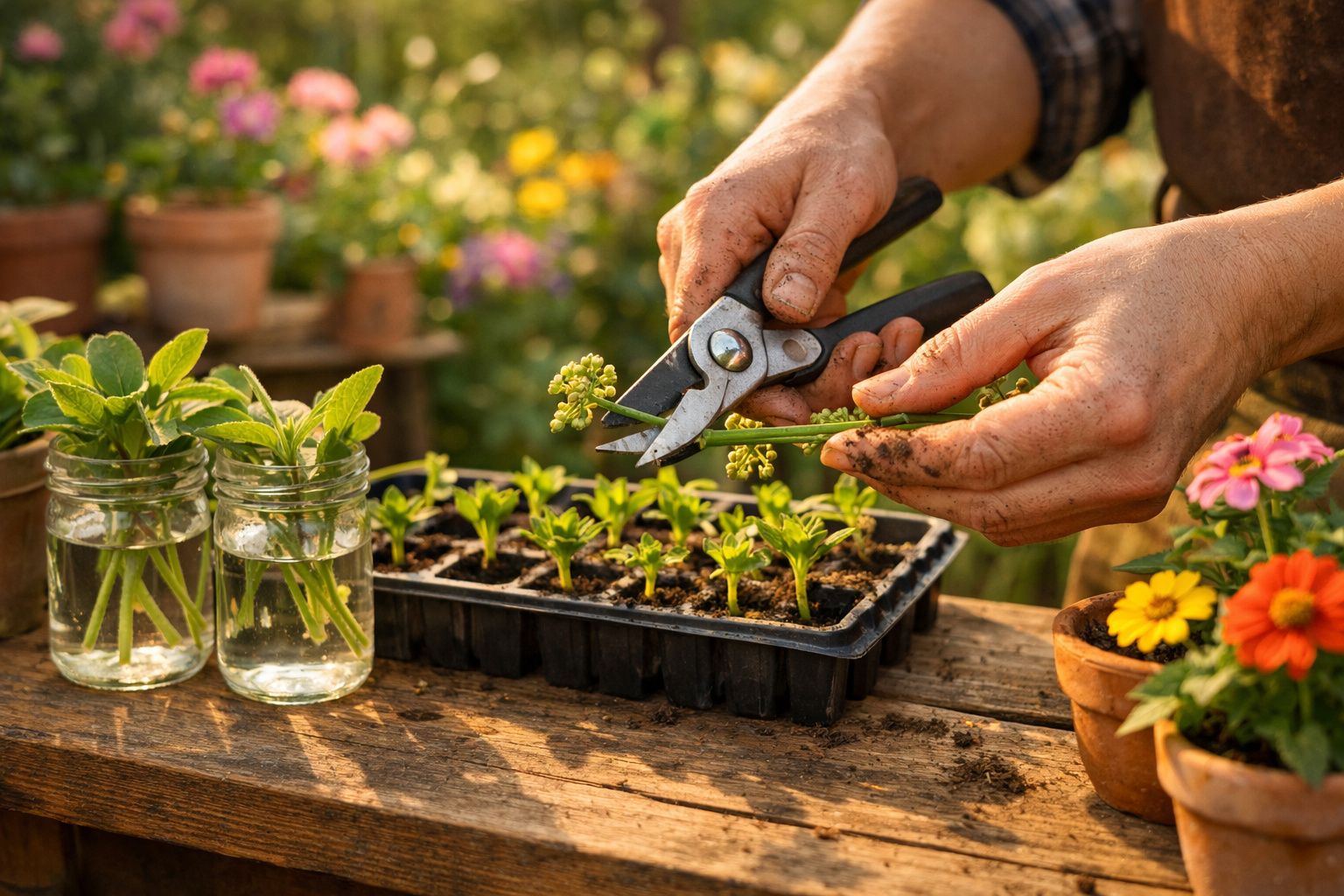 Mãos a cortar um ramo para propagação de plantas num viveiro com mudas e vasos floridos ao fundo.