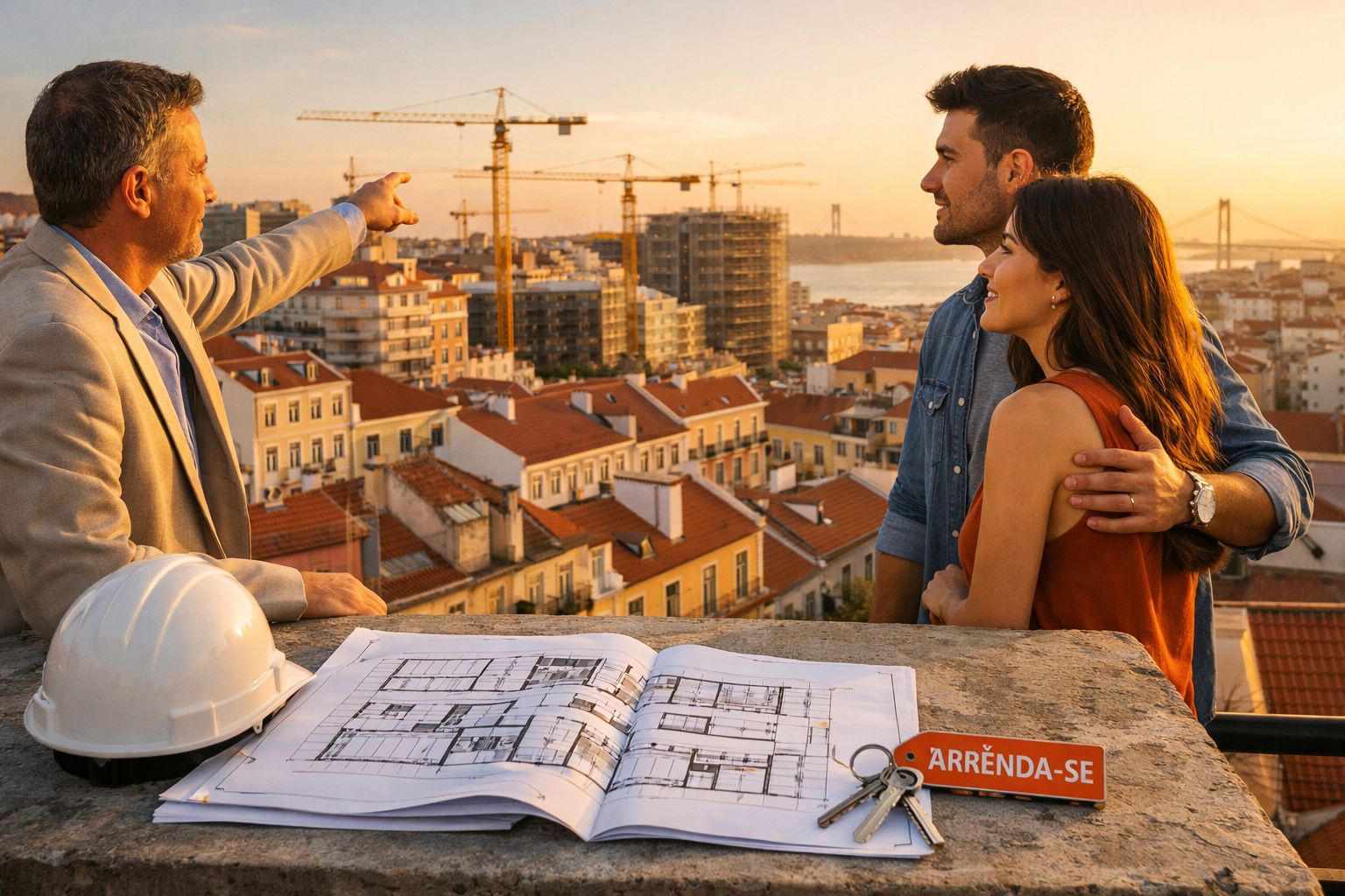 Agente imobiliário mostra obra em construção a casal interessado, com plantas e capacete numa varanda.