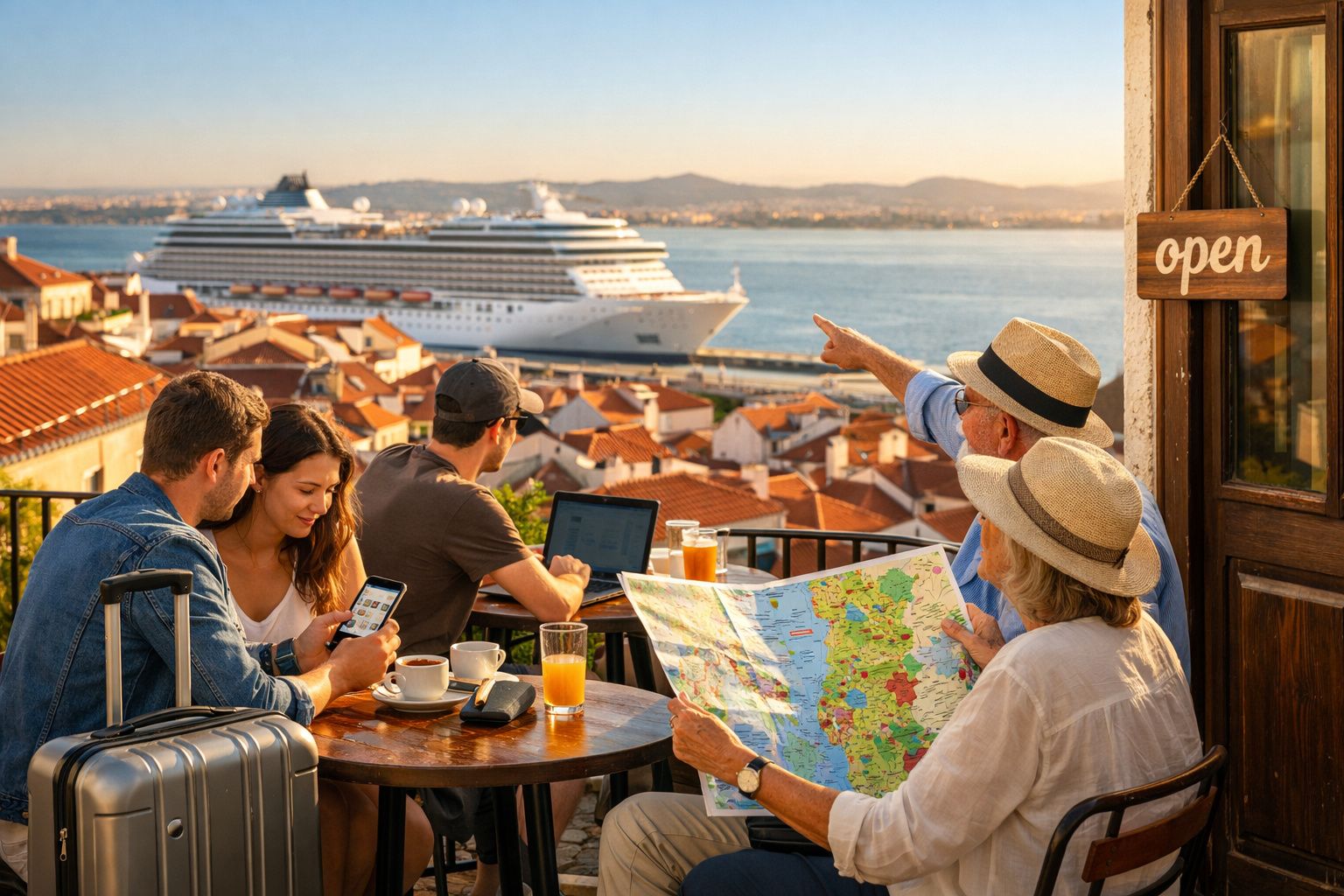 Grupo de turistas numa esplanada com vista para um porto e um grande navio de cruzeiro ao fundo.