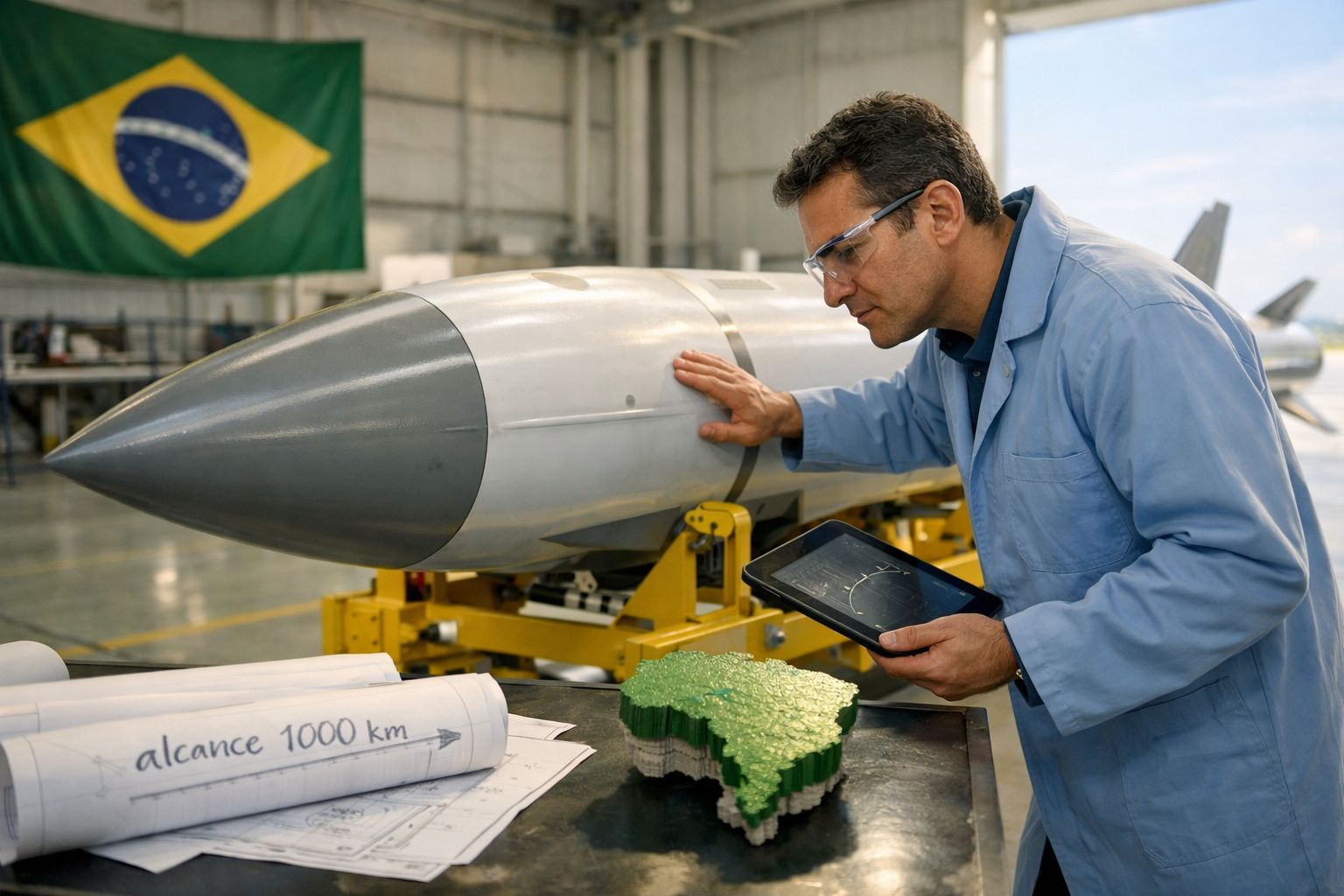 Homem com bata azul e óculos de proteção analisa míssil em hangar com bandeira do Brasil ao fundo.