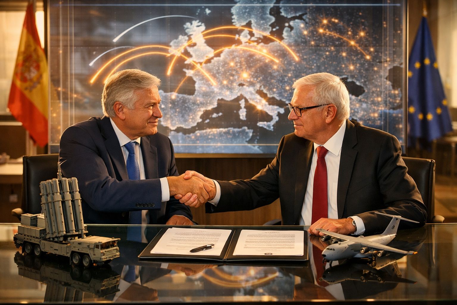 Dois homens de fato apertam as mãos numa sala com mapas e modelos militares de arma e avião sobre a mesa.