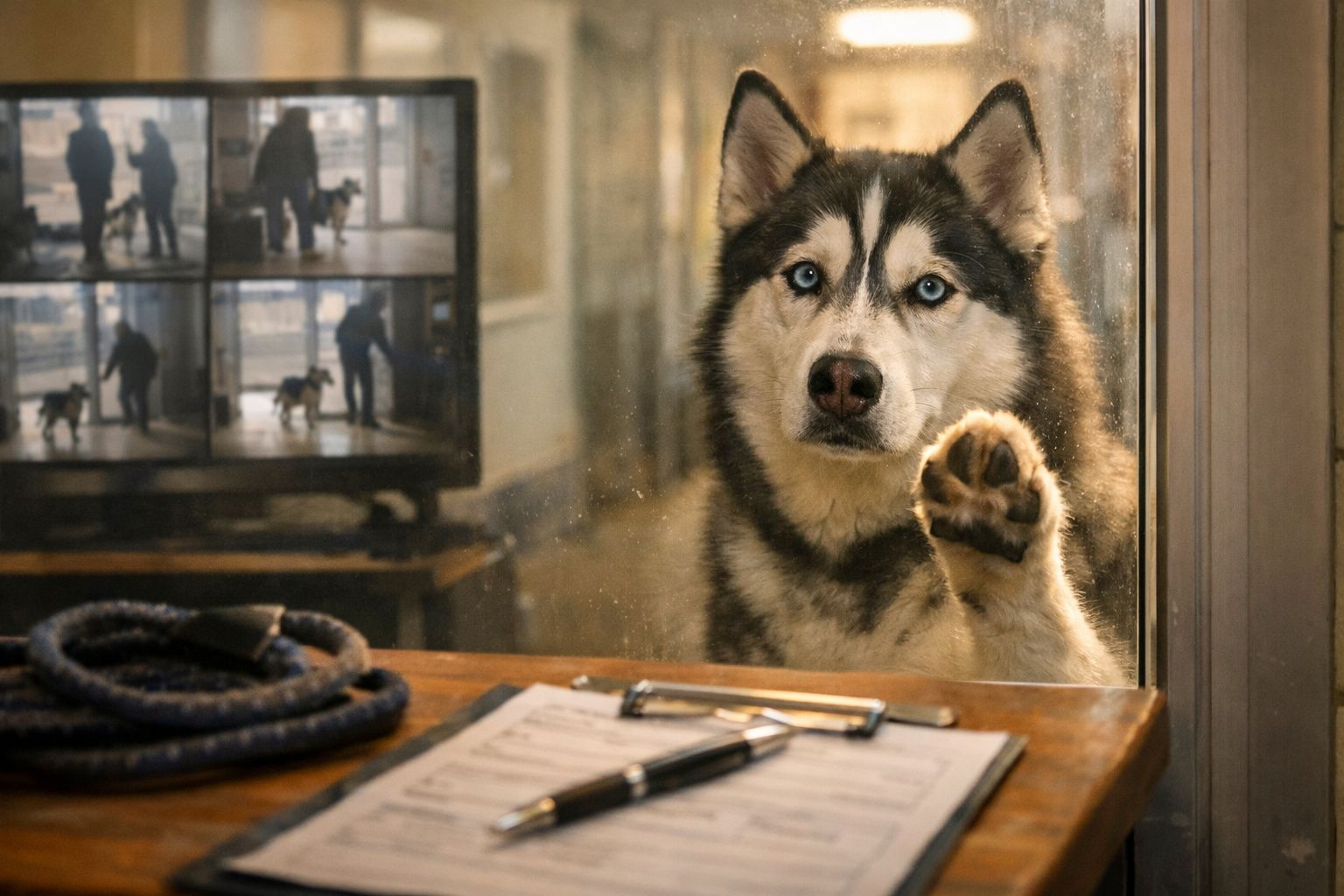Cão husky com olhos azuis a olhar através de uma janela, com patinha apoiada no vidro.