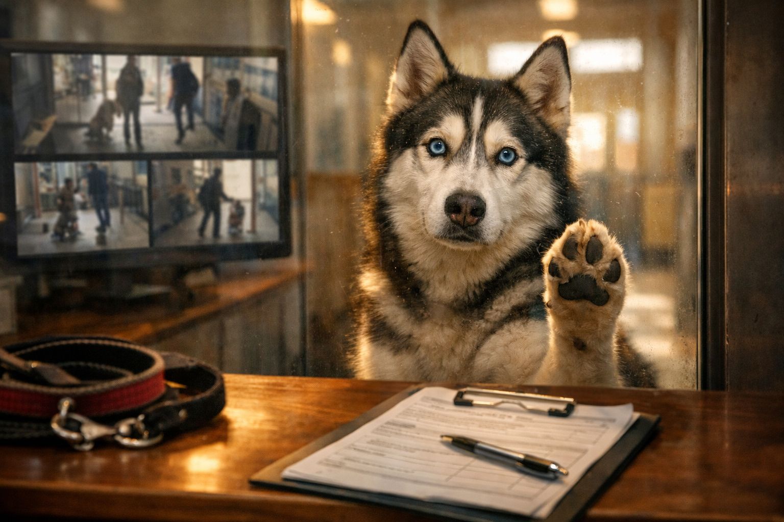 Cão husky com olhar atento e pata levantada junto a uma secretária com documentos e trelas.