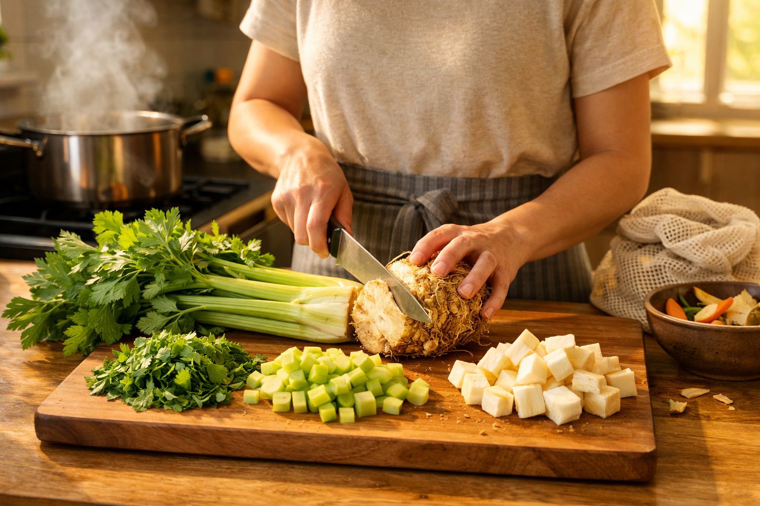 Pessoa a cortar aipo nabo em cubos num tabuleiro de madeira numa cozinha com tacho ao fundo.
