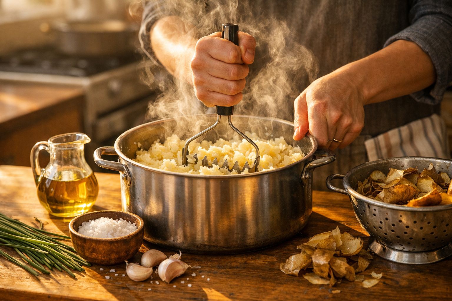 Mãos a esmagar batatas numa panela com vapor, rodeadas de alho, sal, azeite e batatas cortadas.
