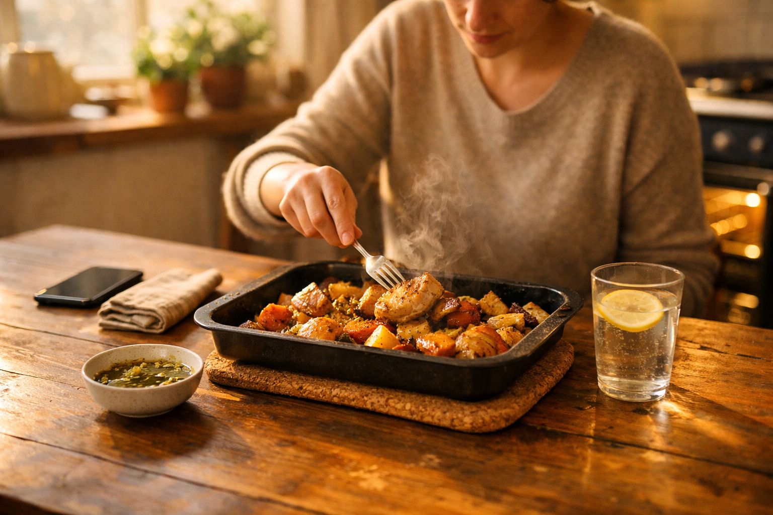 Pessoa a comer prato caseiro de carne assada com legumes numa mesa de madeira rústica.