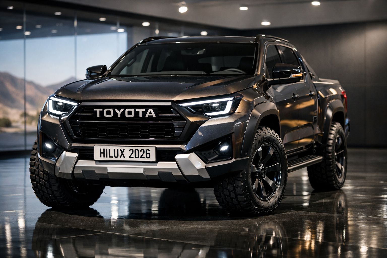 Picape Toyota Hilux 2026 preta, potente, com pneus robustos e luzes LED, em ambiente interior moderno.