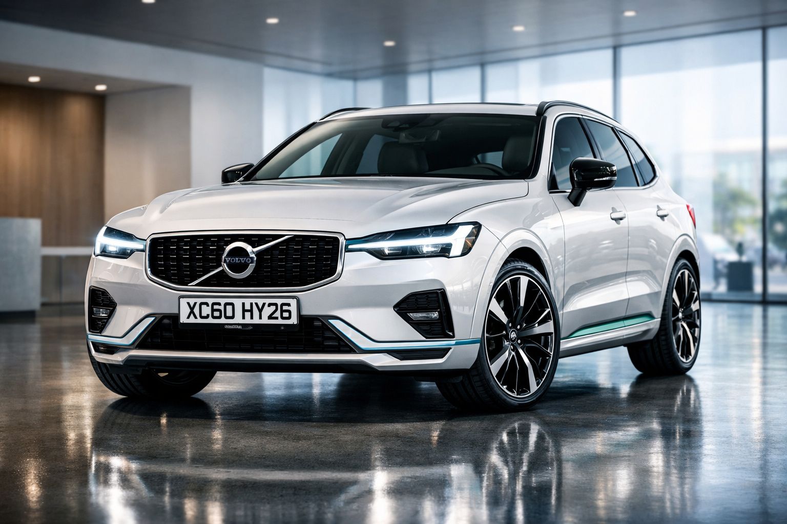 Carro Volvo XC60 branco estacionado em interior luminoso com piso refletor e janelas amplas.