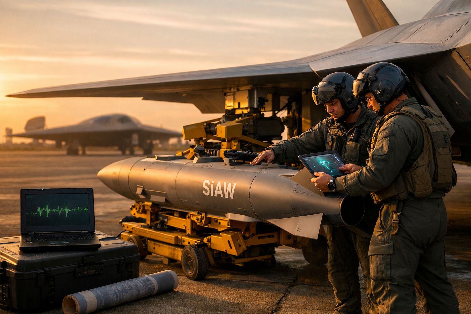 Dois militares com fato e capacete preparam um míssil SiAW junto a um avião militar ao pôr do sol.