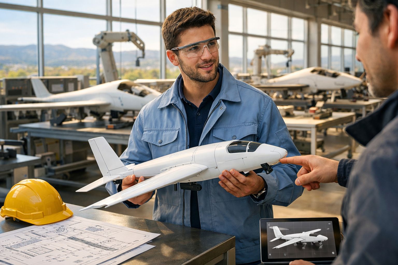 Engenheiro com óculos de proteção segura modelo de avião num hangar enquanto conversa com colega.