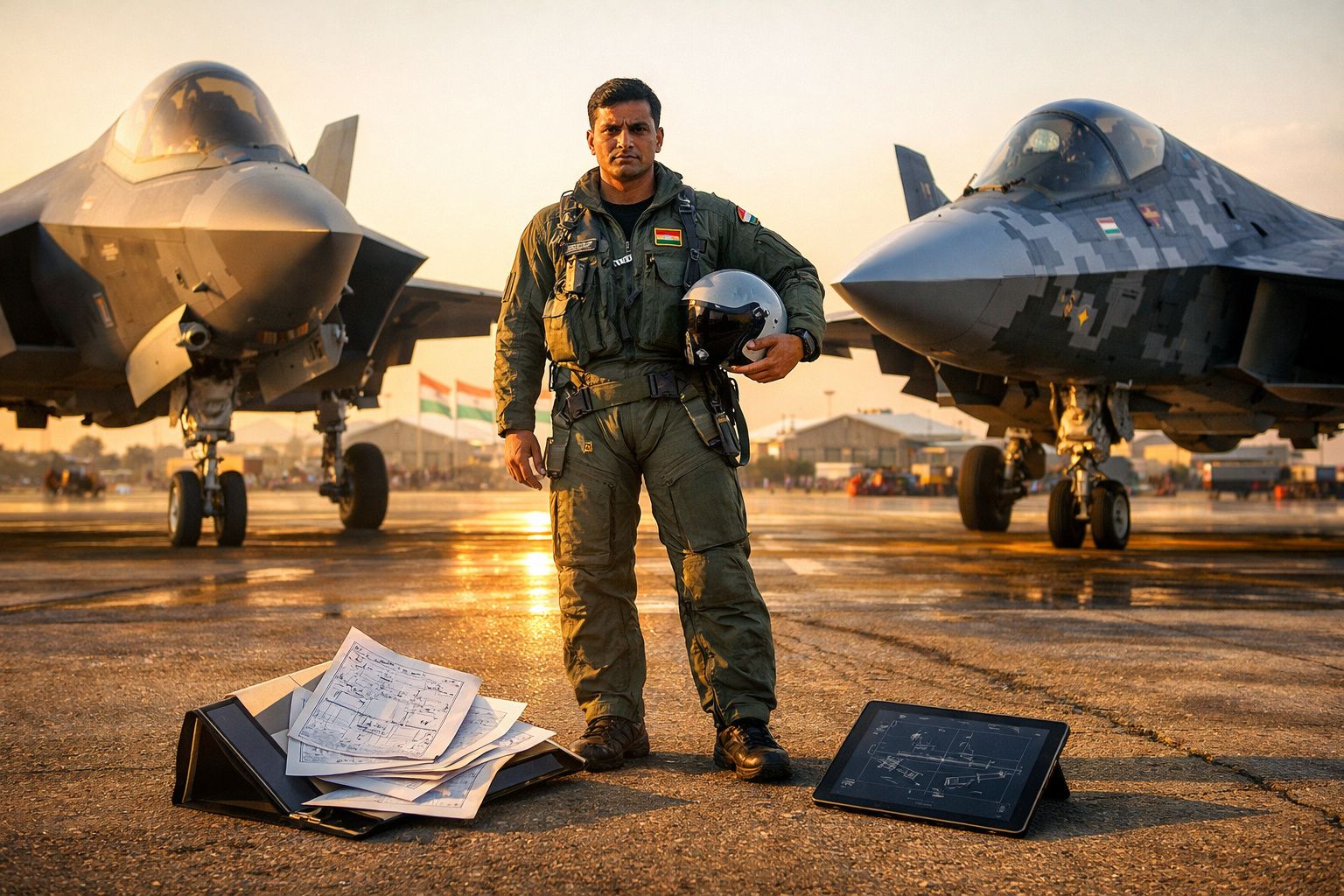 Piloto militar indiano de pé entre dois caças no pátio de um aeroporto ao pôr do sol, com mapas e tablet no chão.