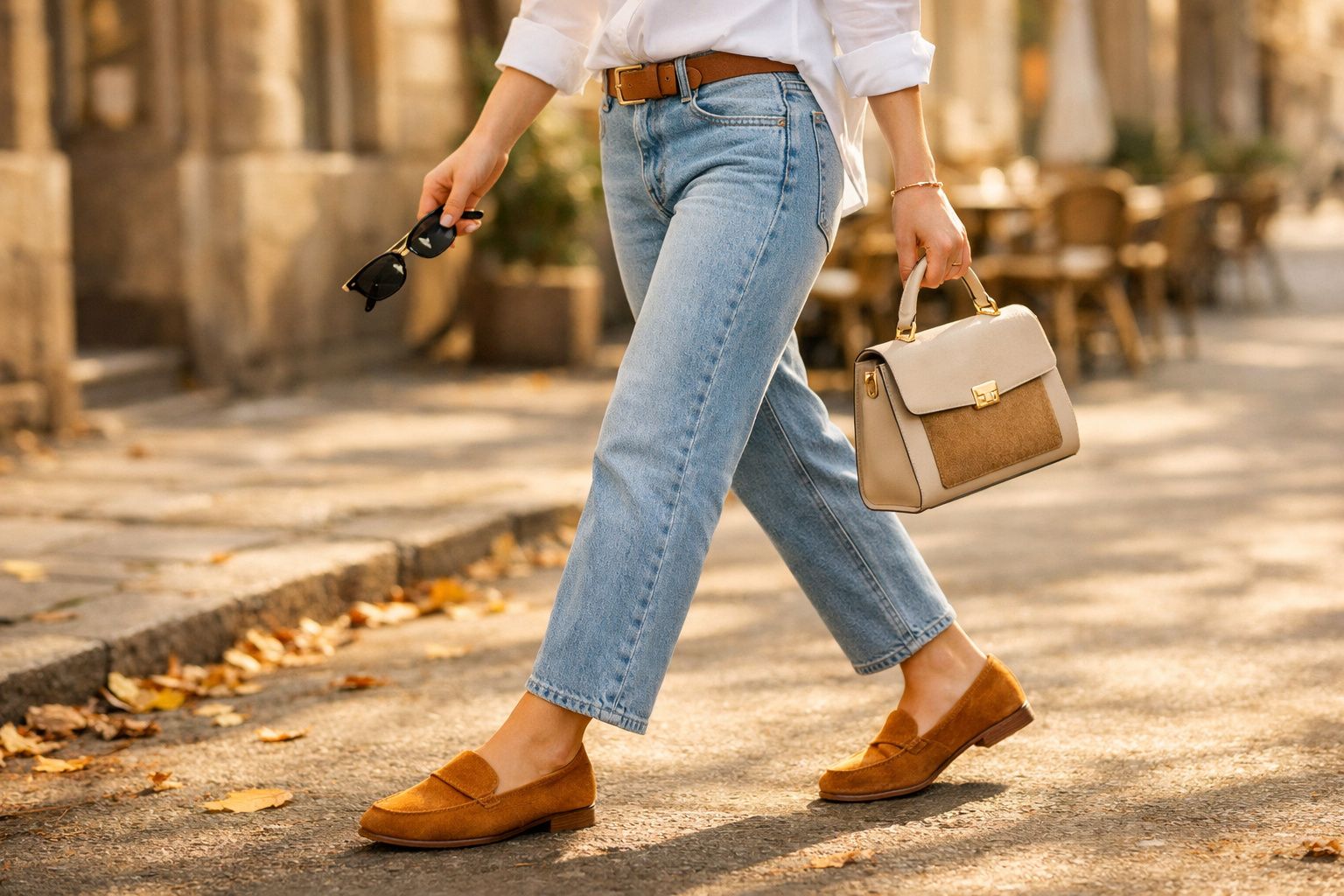 Pessoa de calças de ganga e sapatos castanhos a andar na rua com mala bege e óculos de sol na mão.