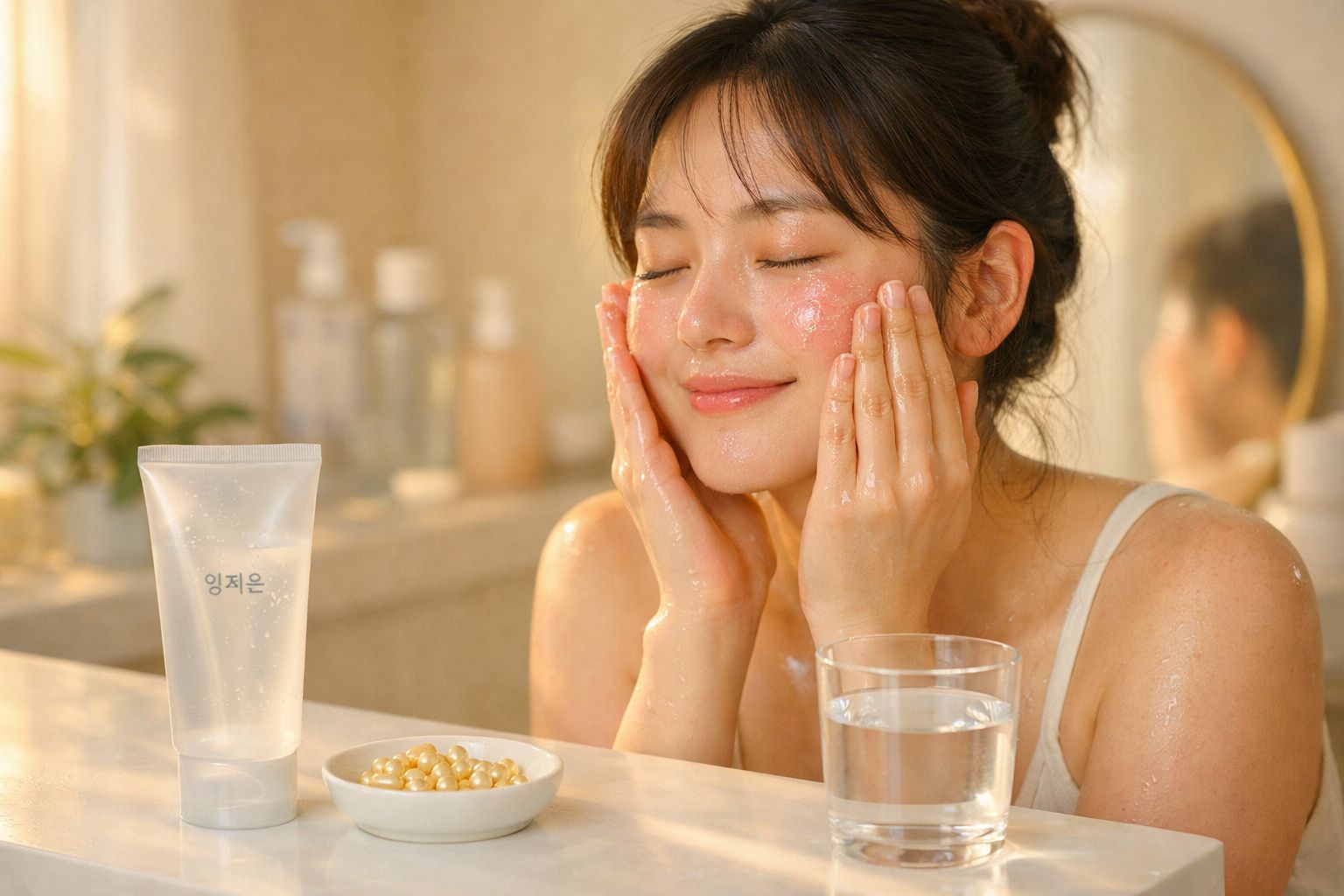 Mulher a aplicar produto de limpeza no rosto com olhos fechados e expressão relaxada numa casa de banho luminosa.