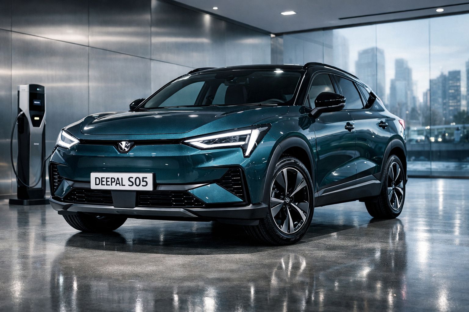 Carro elétrico SUV verde escuro estacionado em garagem moderna junto a posto de carregamento.