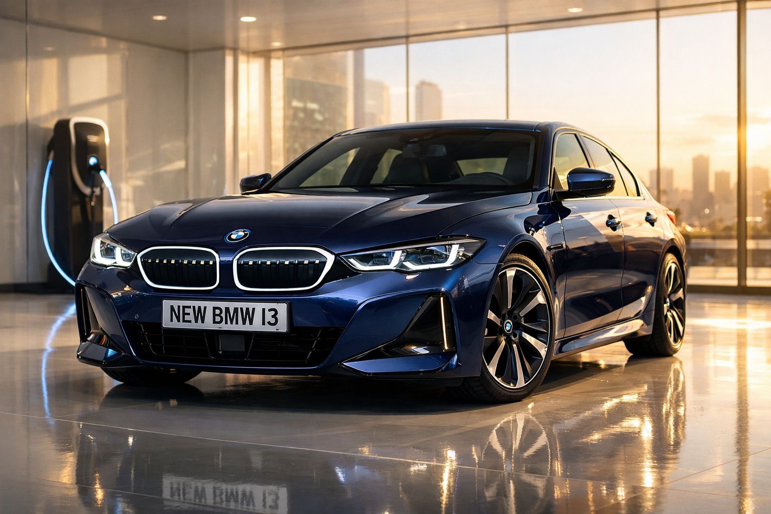 Carro eléctrico BMW i3 azul estacionado num interior moderno com carregador ligado na parede e vista de cidade ao fundo.