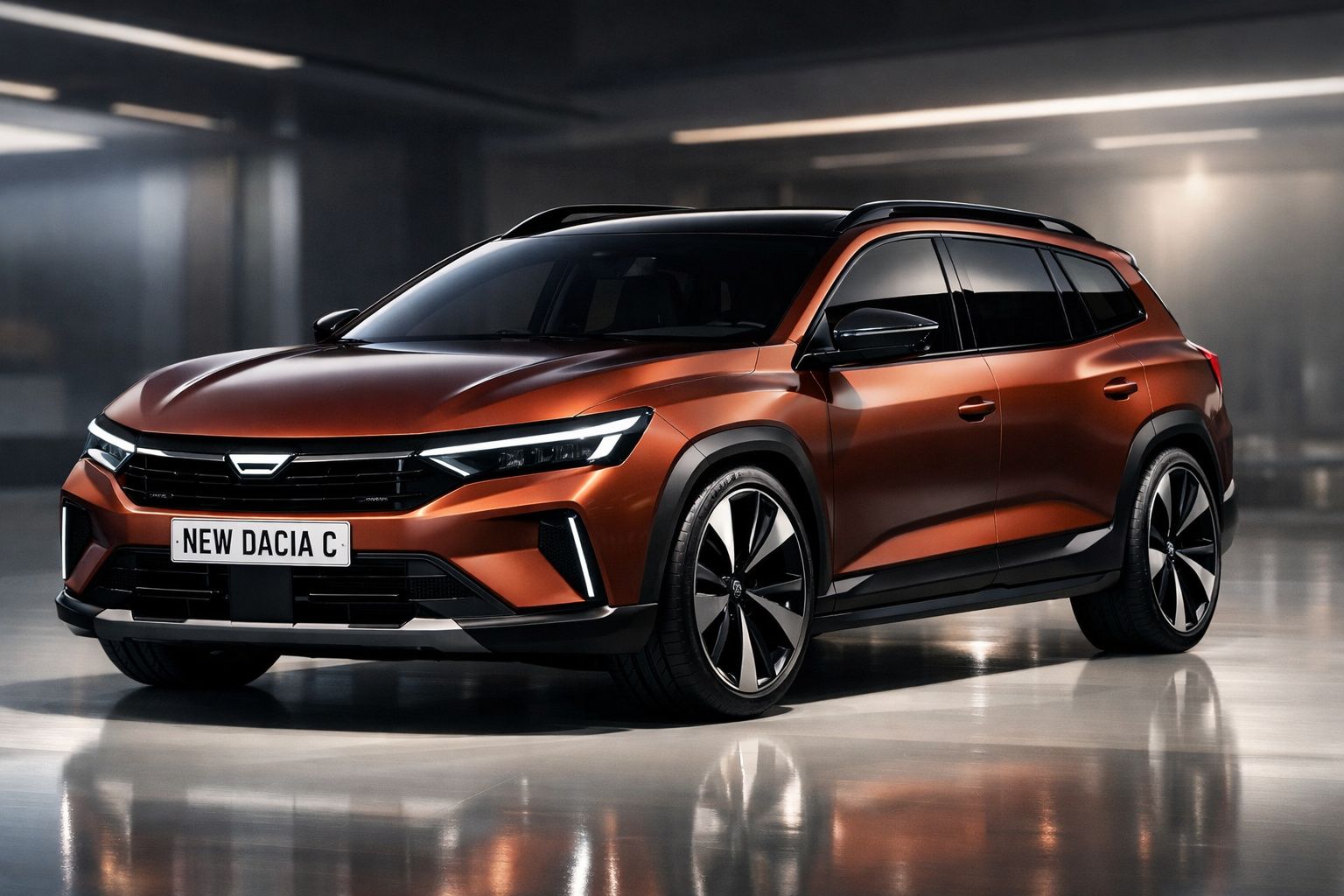 SUV Dacia novo modelo em cor laranja metálica, estacionado em garagem com iluminação ambiente.