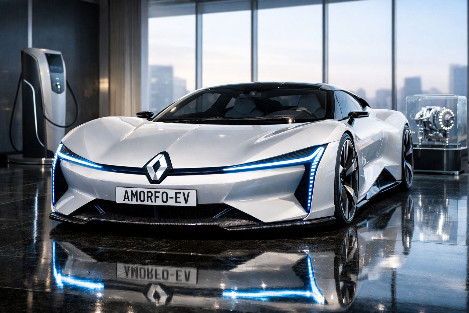 Carro elétrico desportivo Renault branco com luzes LED azul, em salão moderno com painel de carregamento.