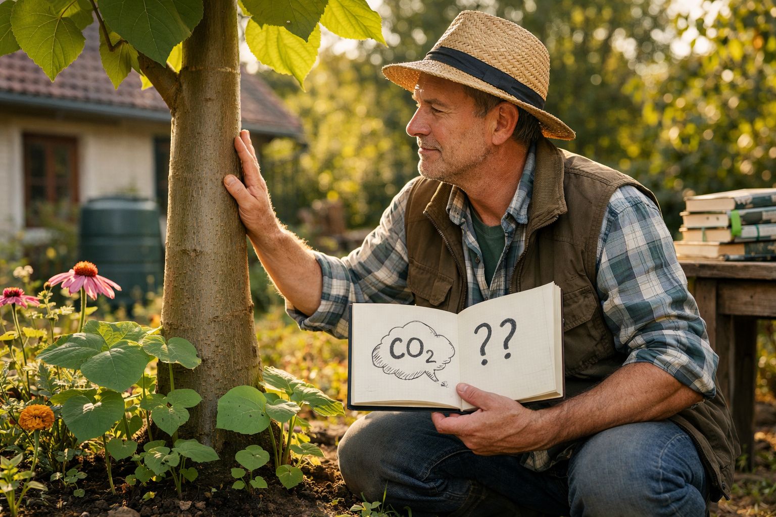Homem com chapéu mostra desenho de CO2 e interrogação enquanto toca no tronco de uma árvore no jardim.