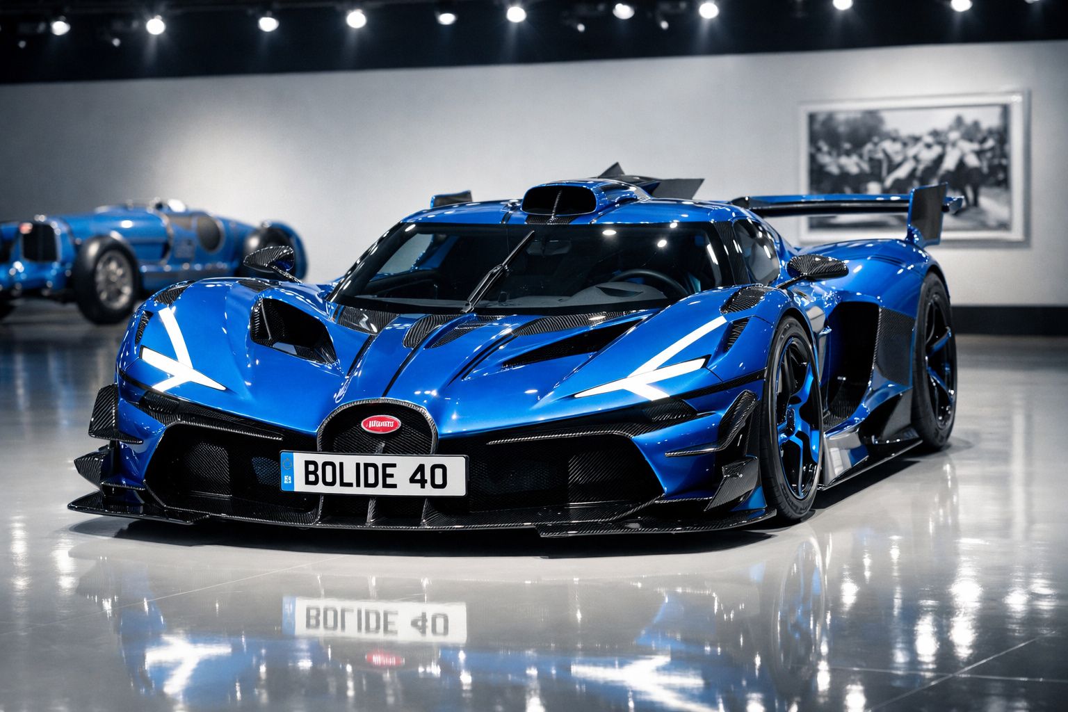 Carro desportivo Bugatti azul brilhante, modelo Bolide 40, em exposição num museu moderno.