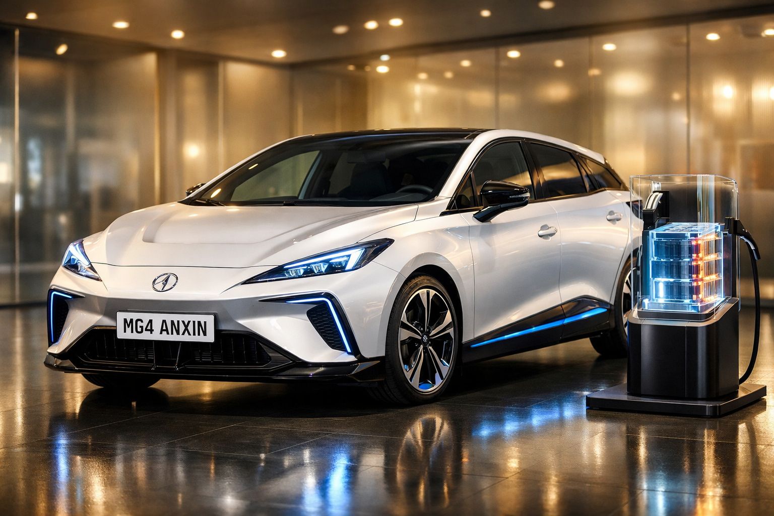 Carro elétrico branco MG4 Anxin em ambiente futurista com unidade de bateria transparente à sua direita.
