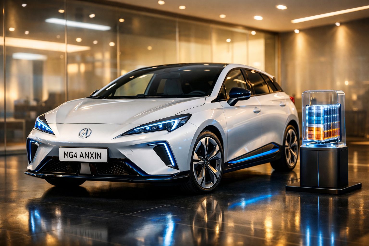 Carro elétrico branco MG4 ANXIN em exposição num ambiente interior moderno e iluminado.
