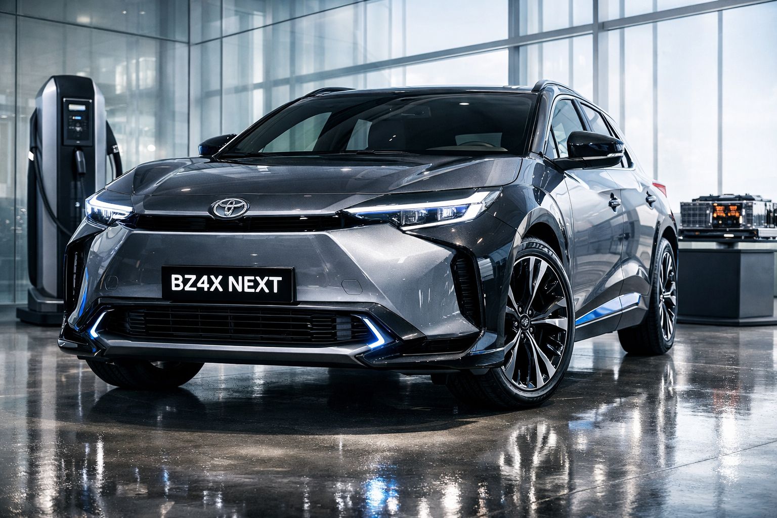 Carro elétrico Toyota BZ4X Next cinzento estacionado em interior moderno junto a posto de carregamento.