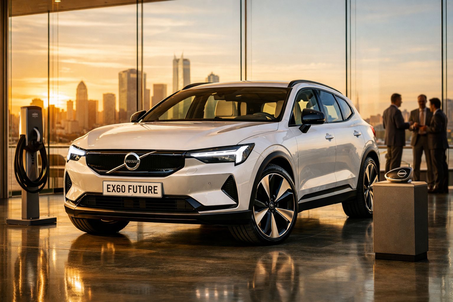 Carro elétrico Volvo EX60 branco exposto em showroom com painel de vidro e vista da cidade ao pôr do sol.