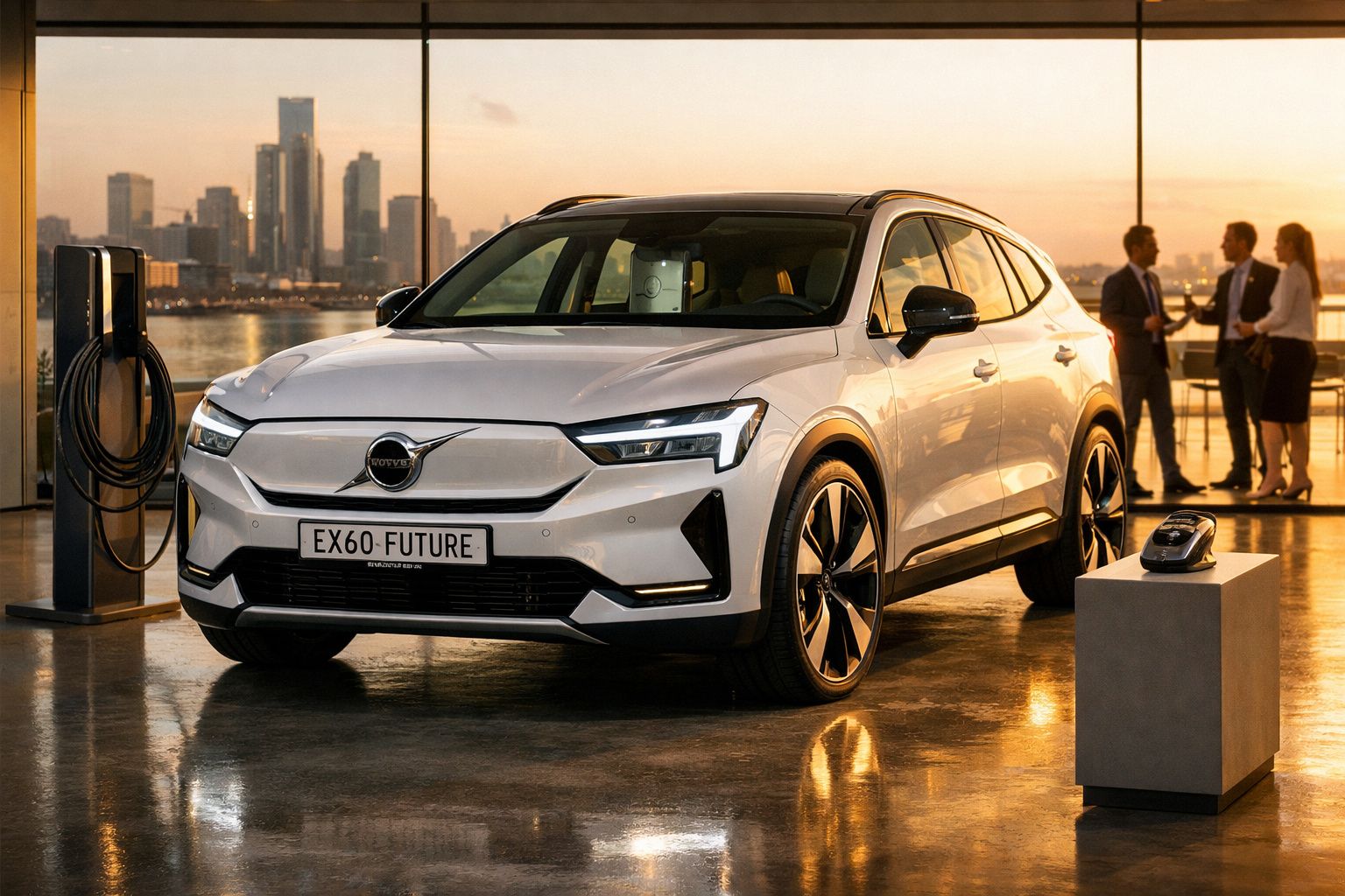 Carro elétrico Volvo EX60 estacionado junto a posto de carregamento em sala moderna com vista para cidade ao pôr do sol.
