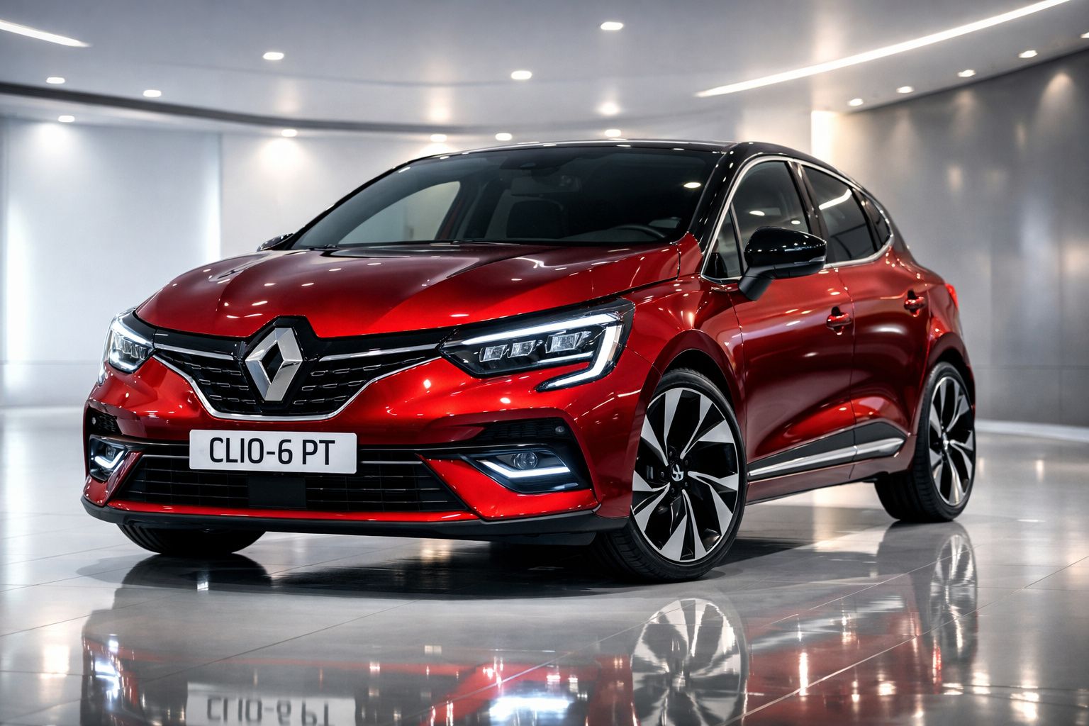 Renault Clio vermelho brilhante estacionado em ambiente interior moderno com chão espelhado.