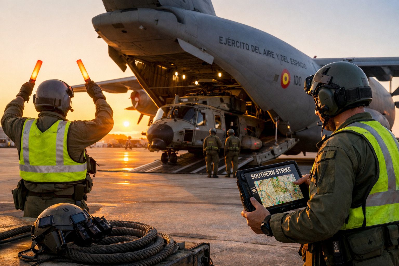 Militares coordenam carga de helicóptero no avião cargueiro do exército ao pôr do sol na pista de aterragem.