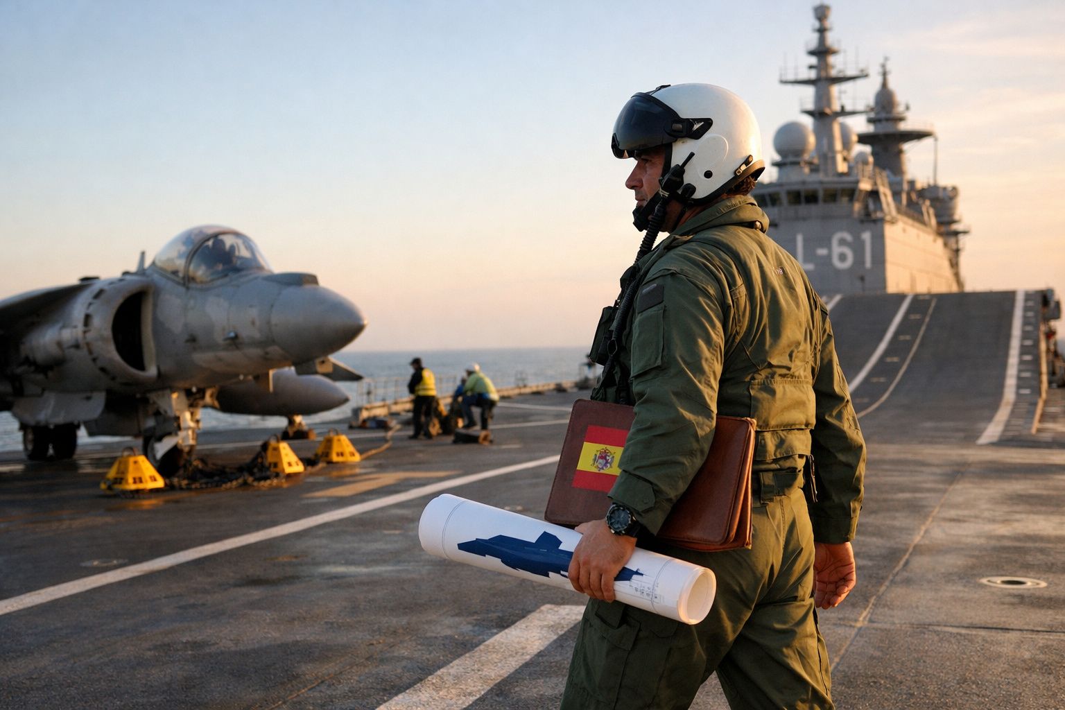 Militar de capacete branco com documentos e planta na mão, em porta-aviões com avião e tripulação ao fundo.