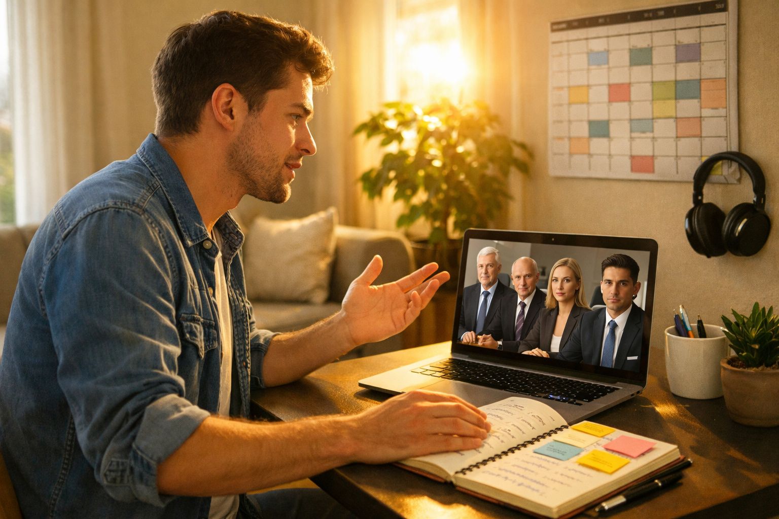 Homem jovem participa em videoconferência com quatro colegas de trabalho no ecrã do computador portátil.
