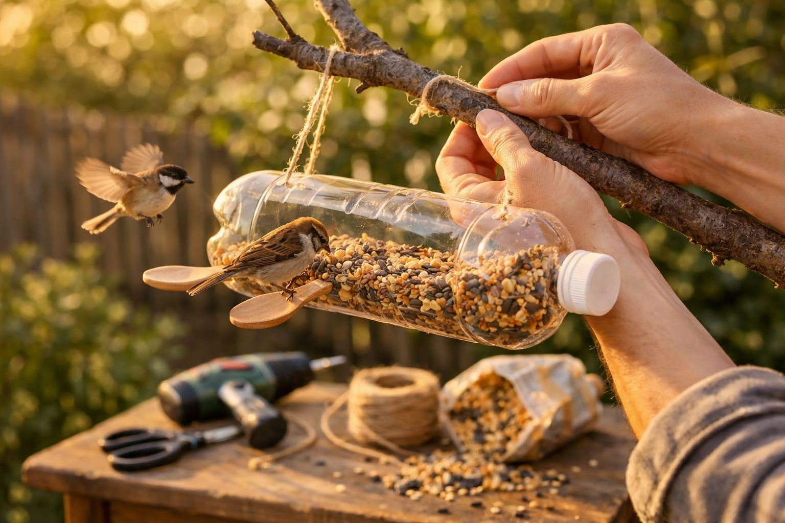 Mãos penduram comedouro para pássaros feito com garrafa de plástico reciclada num galho, com sementes e dois pássaros.