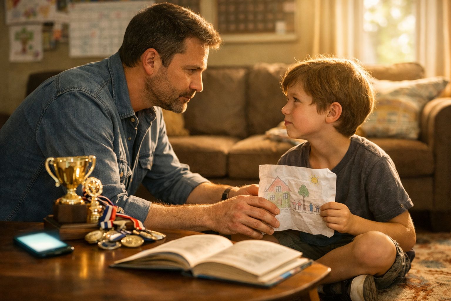Pai e filho sentados no chão a conversar, filho mostra um desenho colorido ao pai na sala.