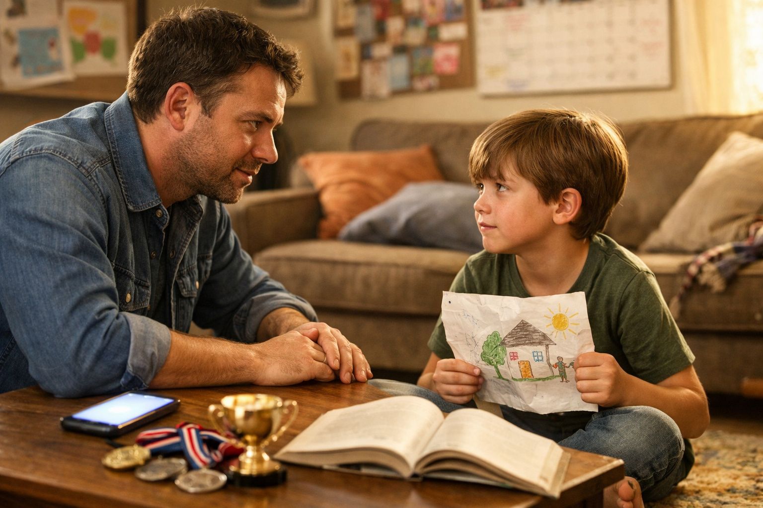 Homem e menino sentados à mesa, o menino mostra um desenho de uma casa com árvore e sol.