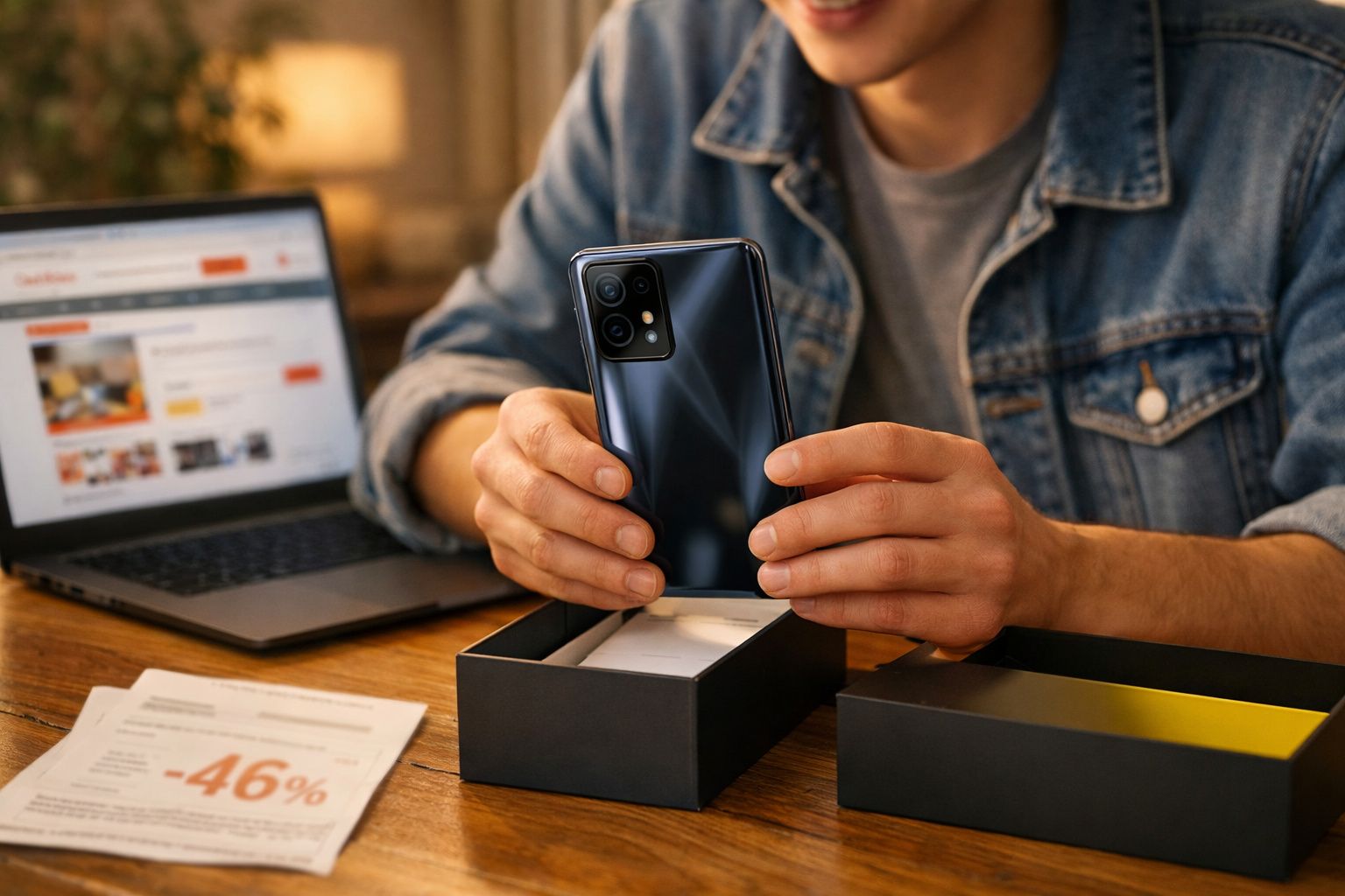 Pessoa a retirar smartphone novo brilhante da caixa, com computador portátil e papel de desconto sobre a mesa.