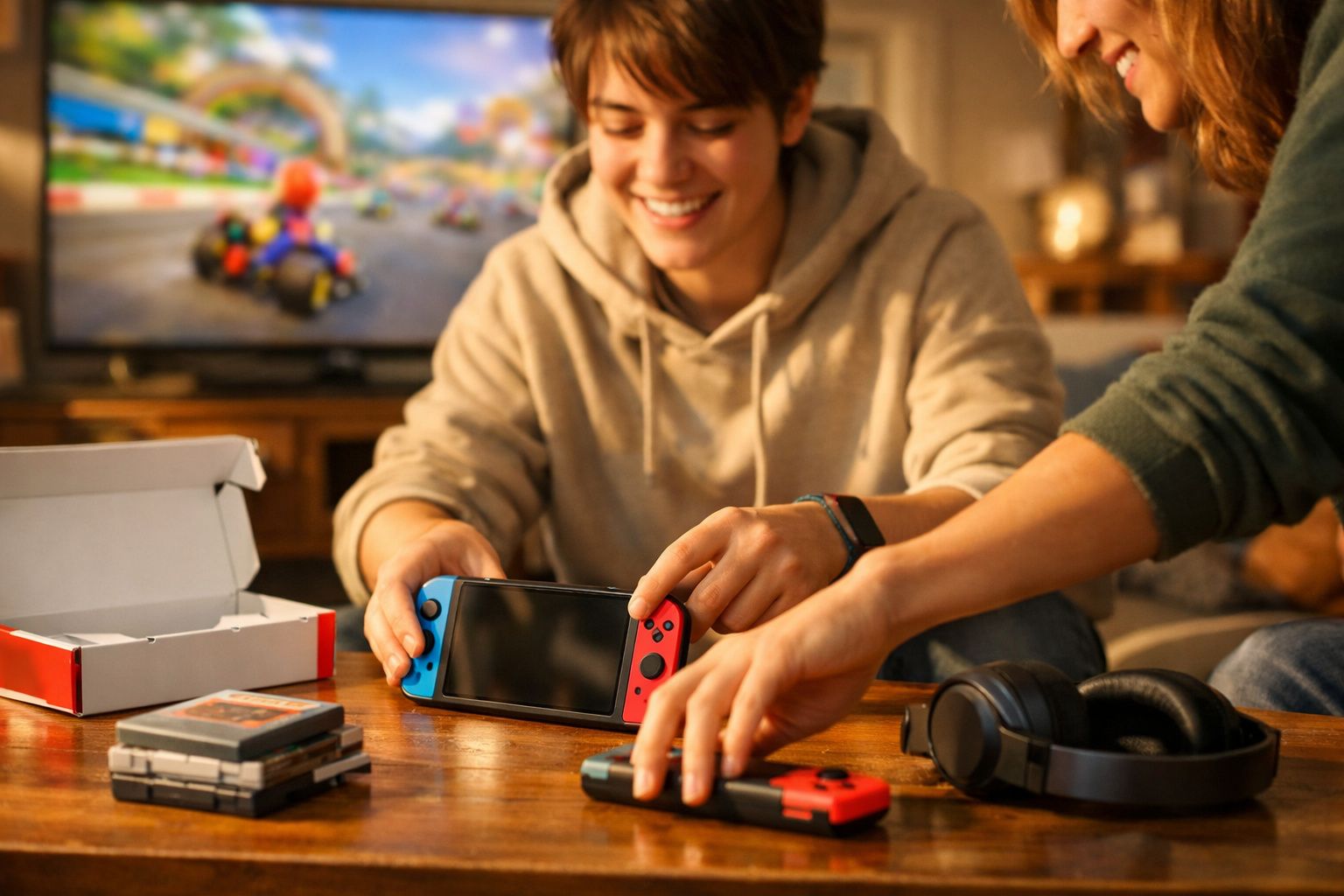 Jovem sorridente com uma consola portátil e amigos a pegar comandos para jogar videojogos.