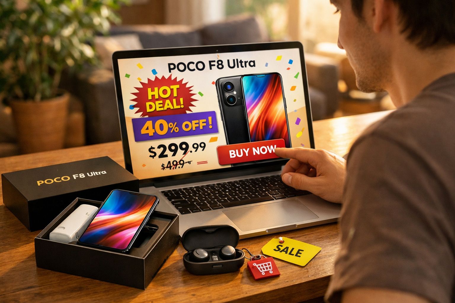 Pessoa a comprar smartphone POCO F8 Ultra com 40% de desconto num portátil e caixa do telemóvel aberta.