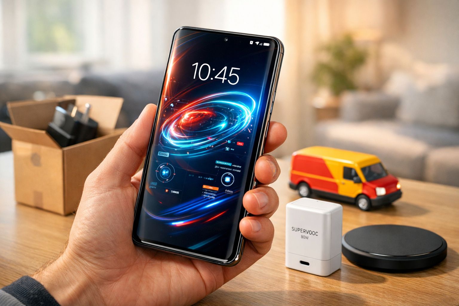 Pessoa a segurar smartphone com ecrã futurista, carregador SuperVOOC e rato sem fios numa mesa.